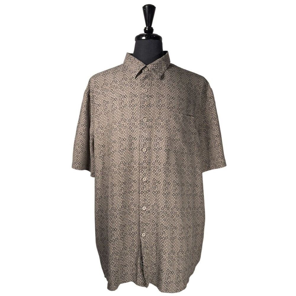 Nat Nast Mens 2XL XXL Silk Blend Short Sleeve Shirt Tan Beige Geometric Pattern